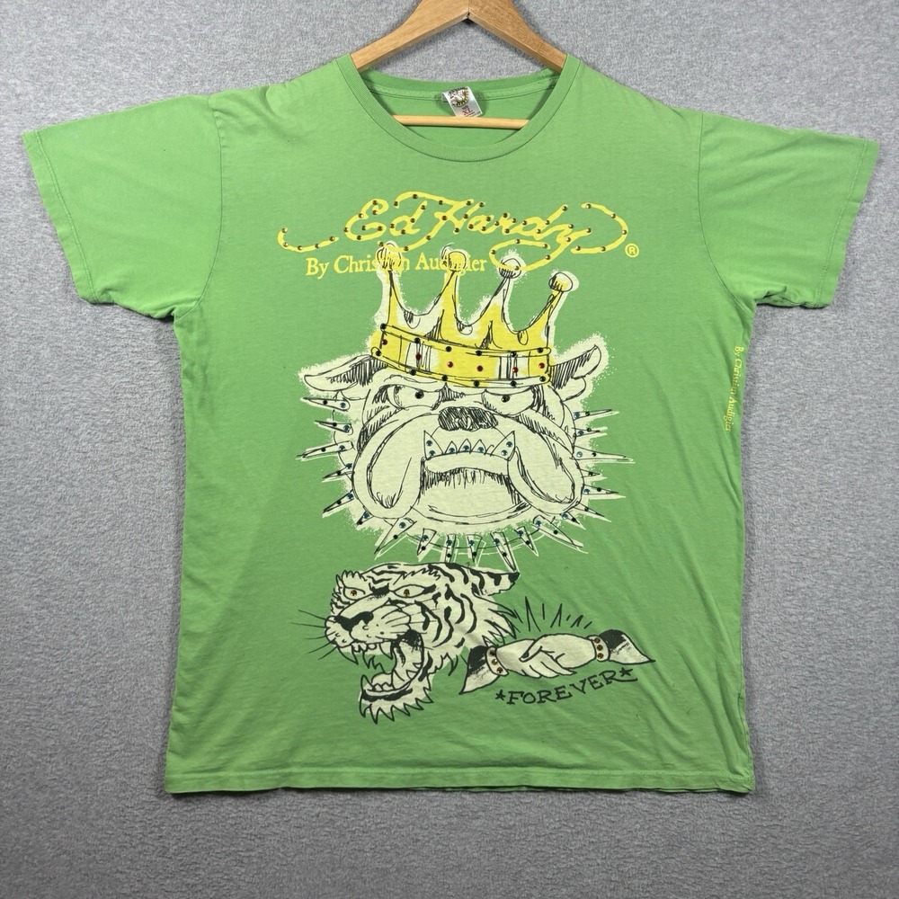 Ed Hardy Christian Audigier Shirt XL Green Rhinestone Bulldog Tiger VTG Y2K USA